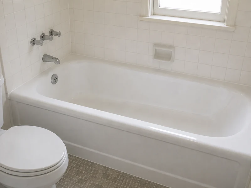 Cast-iron bathtub in an Old Quad home after reglazing, smooth glossy white finish, Santa Clara