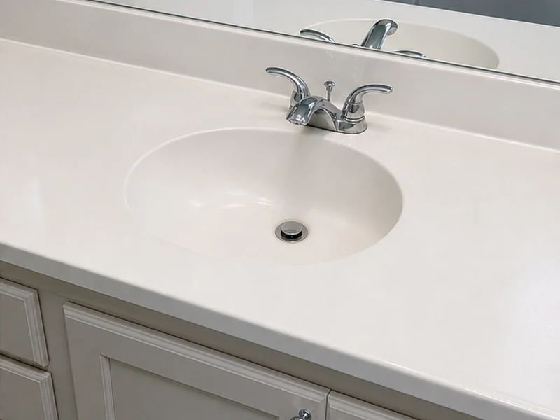 Cultured-marble vanity top with integrated sink after refinishing in clean white, glossy and even, Rivermark, Santa Clara