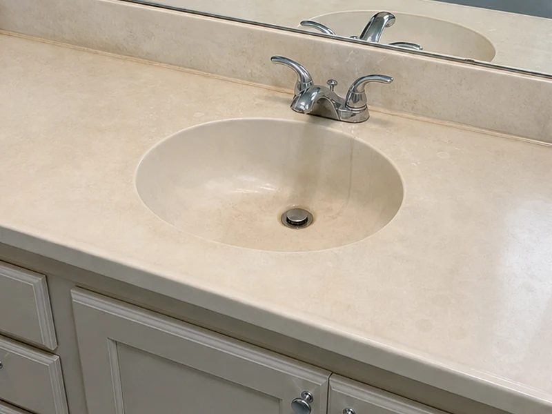 Yellowed cultured-marble vanity top with an etched ring around the faucet before refinishing, Rivermark, Santa Clara