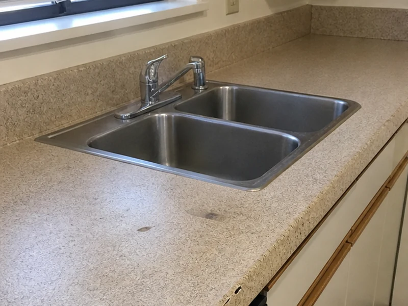 Dated chipped laminate kitchen counter before refinishing in a Lawrence Station Santa Clara condo