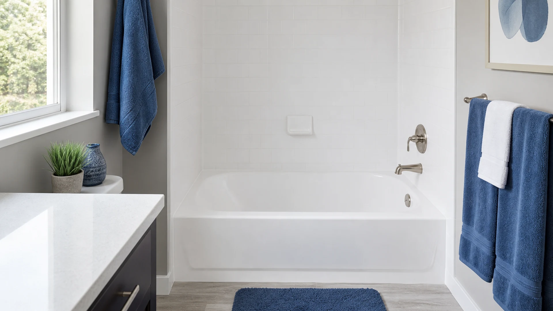 Freshly reglazed white bathtub in a remodeled Santa Clara bathroom, glossy finish under natural light