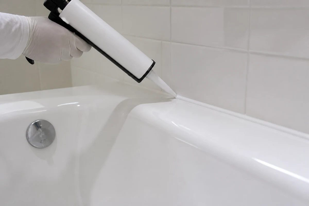 Fresh white silicone caulk being applied along the tile-to-tub joint of a finished glossy white bathtub, Santa Clara