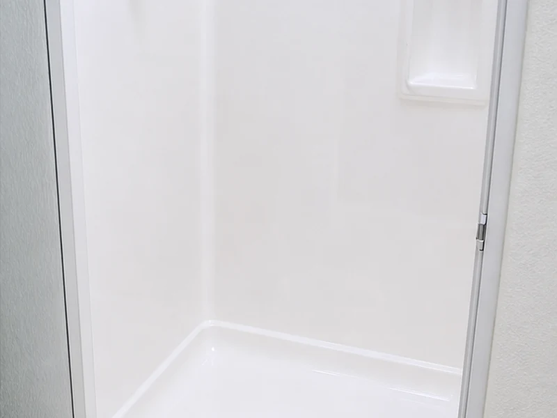 Fiberglass shower pan after reinforcement, crack repair and refinishing, smooth white finish, Lawrence Station, Santa Clara