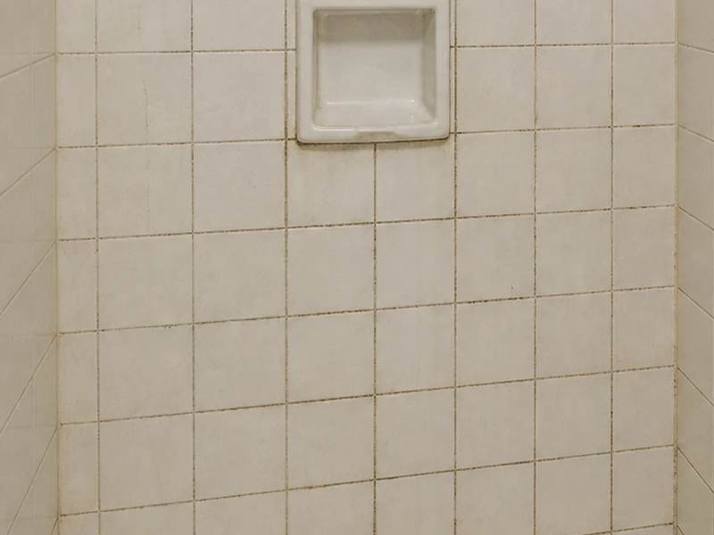 Dingy hard-water-stained shower tile and dark grout before reglazing in a Lawrence Station Santa Clara condo